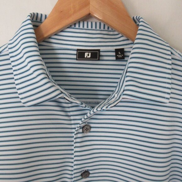 Footjoy Polo Shirt L Large White Blue Stripe Golf Short Sleeve - Picture 1 of 8